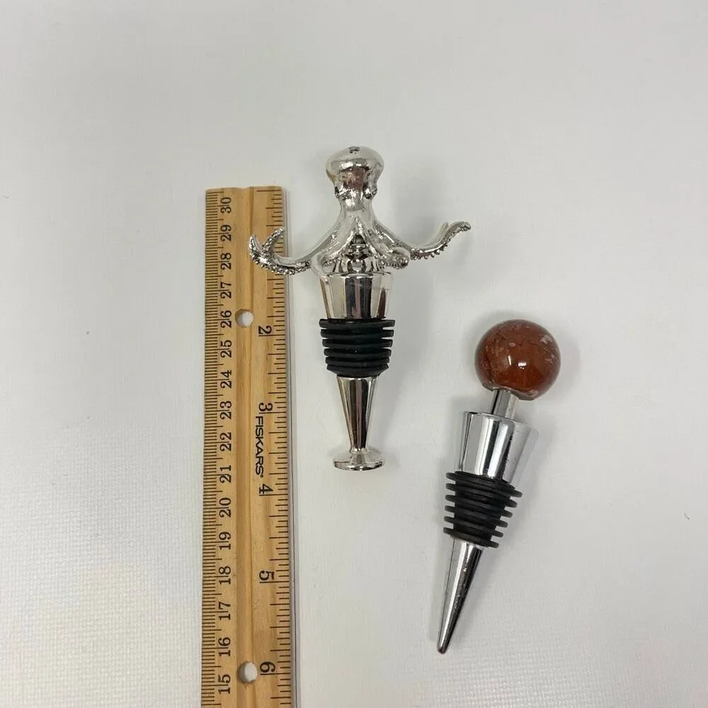 Metal & Stone Wine Bottle Stopper Lot of 3 Metal Octopus & Heart Stone Ball
